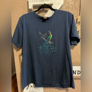 M & C Sportswear Women’s Navy Top With Embroidered Peacock on Front Size Large